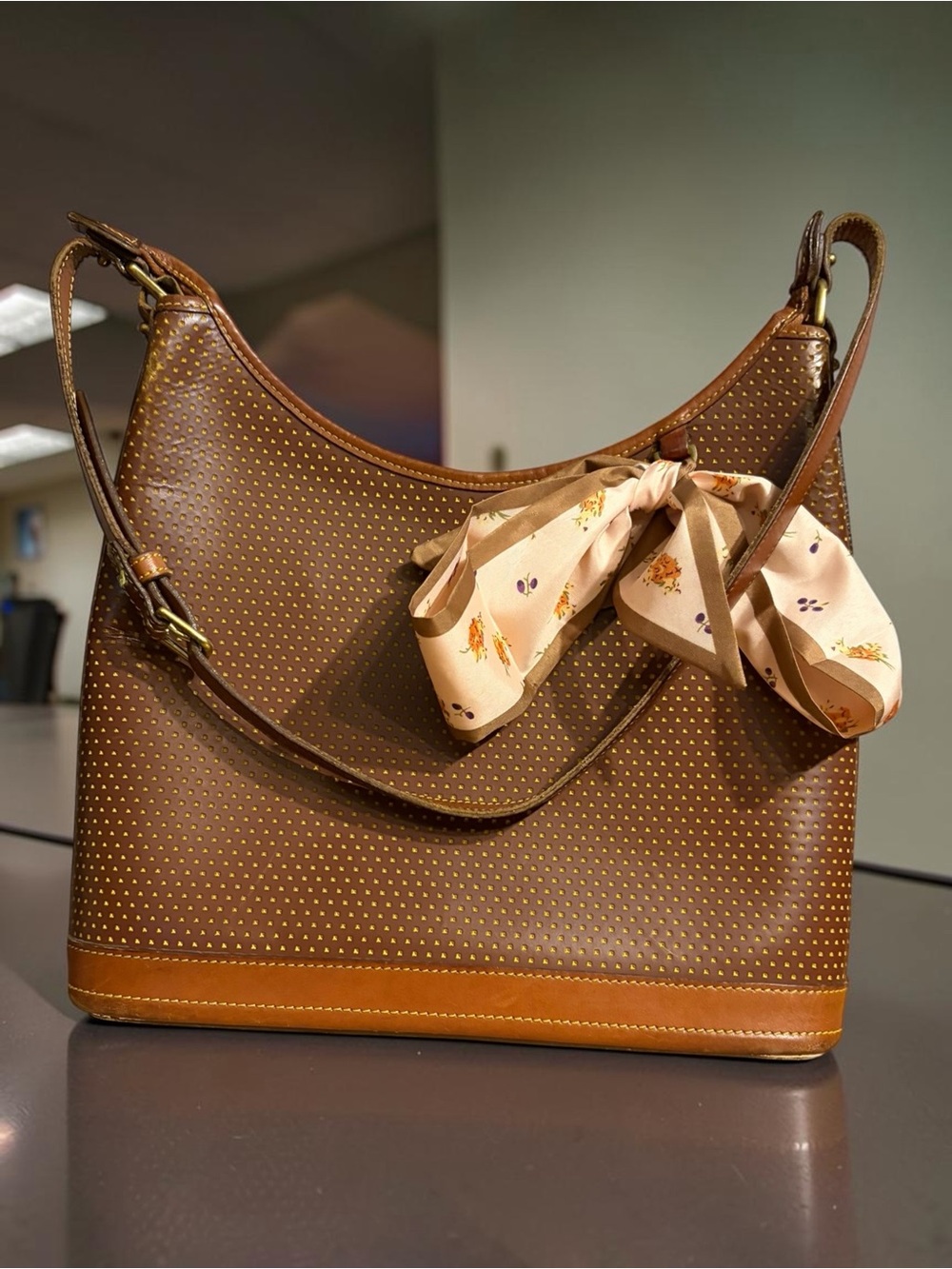 Vintage Dooney & Bourke Cabriolet Brown Perforated Leather Hobo Shoulder Bag